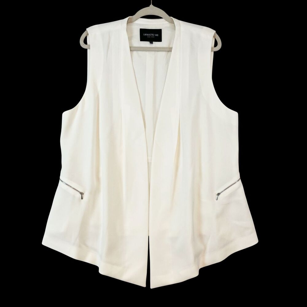 Lafayette 148 Open‎ Front Collarless Vest Women's XL White Faux Zippers